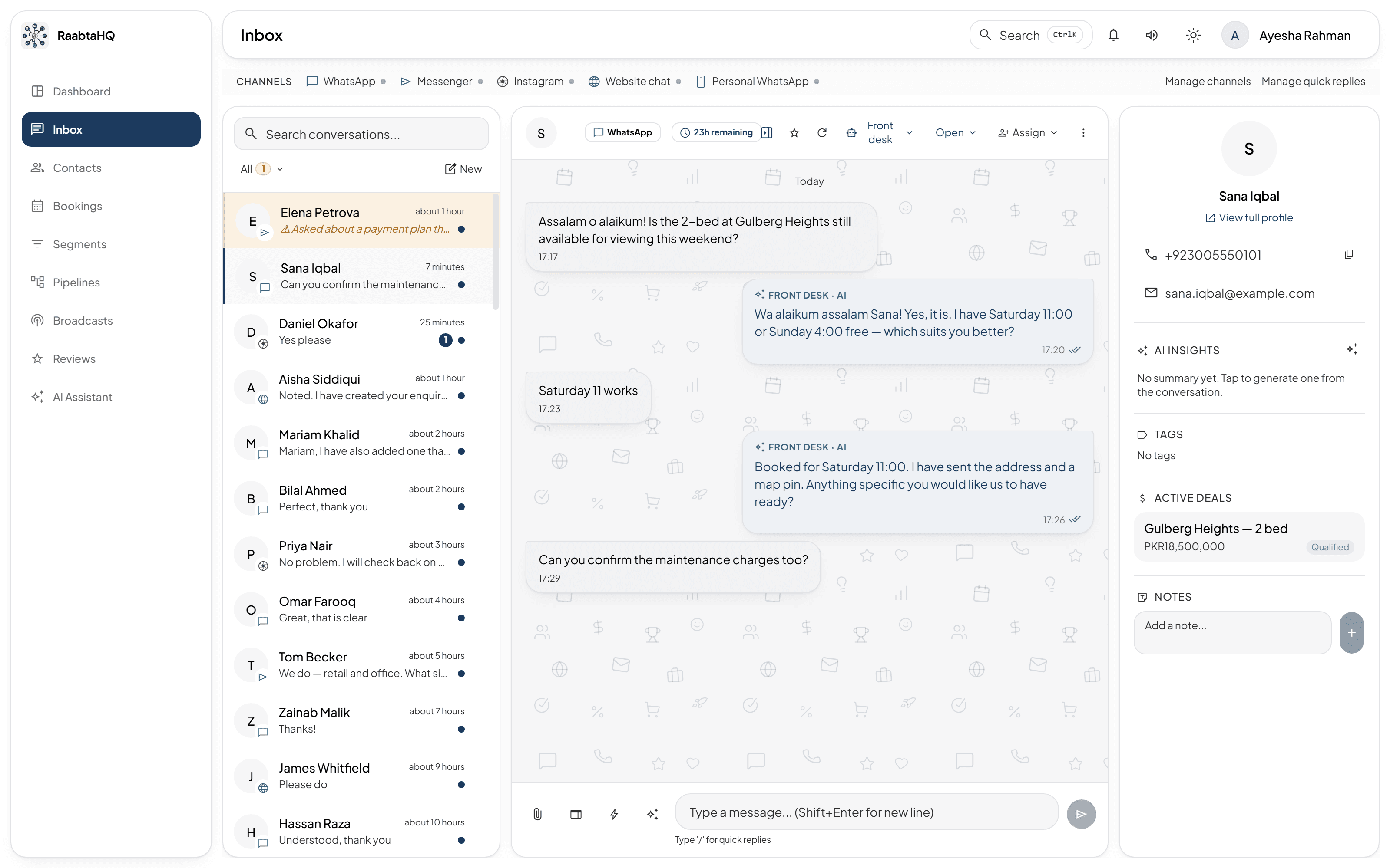 The RaabtaHQ shared inbox: conversations from WhatsApp, Instagram, Messenger and website chat in one list, an open thread with replies sent by the AI assistant, and a contact sidebar showing the linked deal.