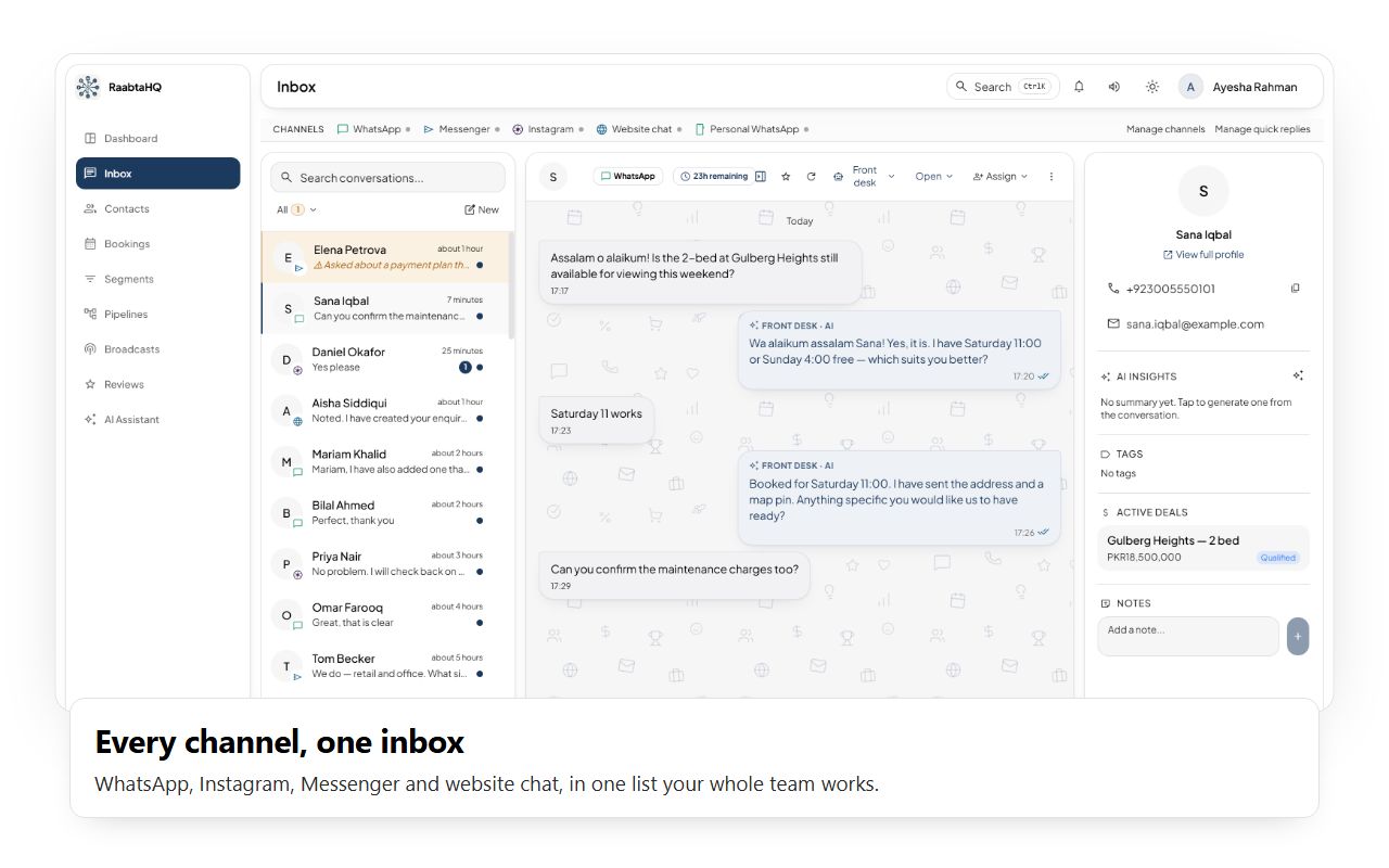 A tour of RaabtaHQ: the shared inbox across WhatsApp, Instagram and Messenger, the AI assistant's activity log, contacts, a deal pipeline, the bookings diary and the dashboard.